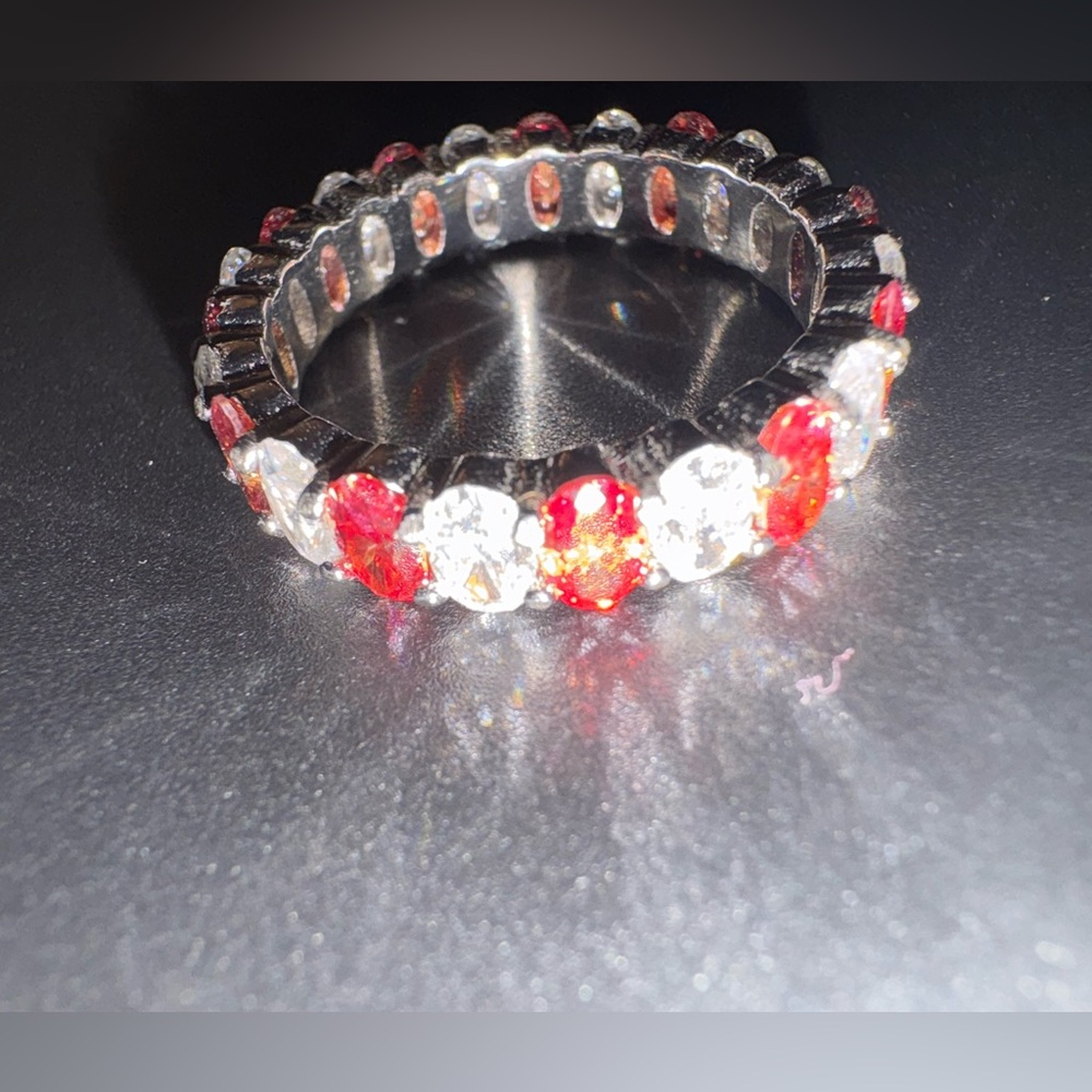 Size 9 Eternity Band with 6.9 Carats of Watermelon Red and Clear Moissanite